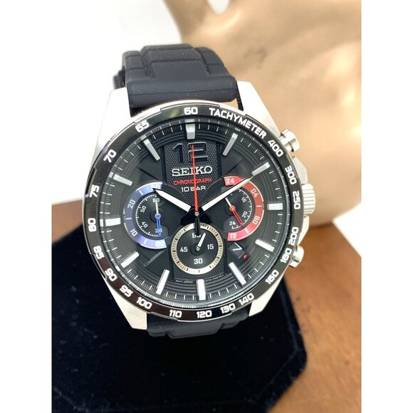 Seiko Men's Watch SSB347 Quartz Chronograph Black Dial Rubber Strap 44mm - Picture 14 of 15